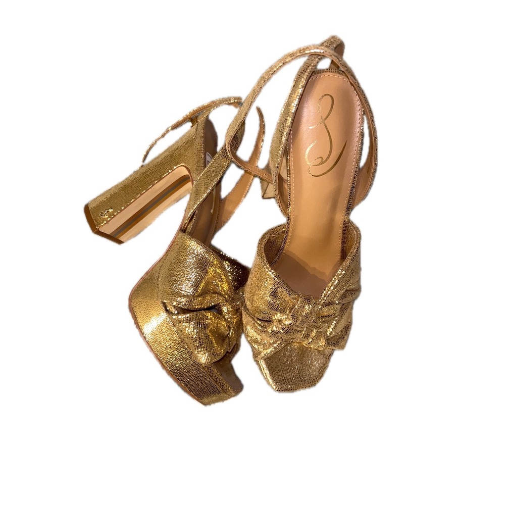 Sam Edelman Gold Bow Heeled Sandals | Metallic Evening Shoes | Size 8.5‎ - Picture 2 of 8